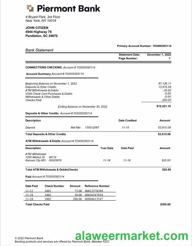 USA New York Piermont bank statement Word and PDF template